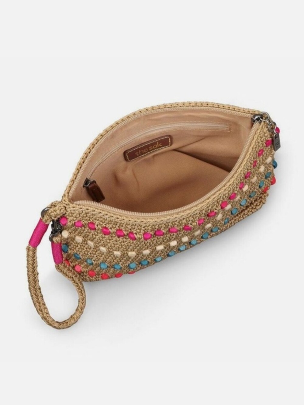 The Sak Sayulita Crochet Wristlet Pouch Purse Boho Wooden Beads Pink Blue - Picture 2 of 15